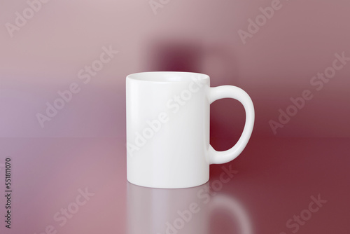 3d render white mug mockup on a pink background. Blank ceramic tea cup with handle for advertising on Valentines or Mothers Day