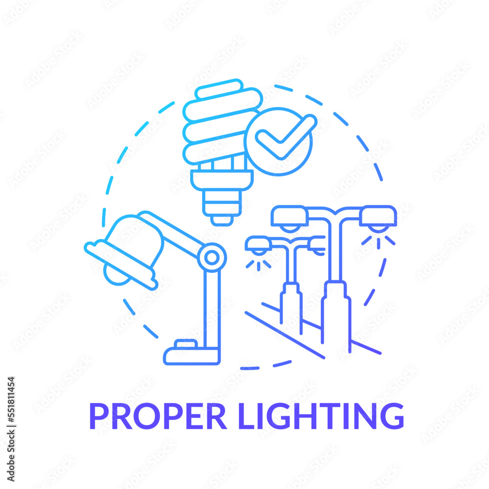Proper lighting blue gradient concept icon. Appropriate workspace conditions. Avoiding workplace accidents tip abstract idea thin line illustration. Isolated outline drawing. Myriad Pro-Bold font used Proper lighting blue gradient concept icon. Appropriate workspace conditions. Avoiding workplace accidents tip abstract idea thin line illustration. Isolated outline drawing. Myriad Pro-Bold font used