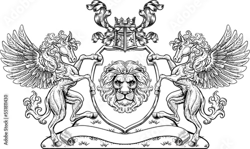 Crest Pegasus Horses Coat of Arms Lion Shield Seal
