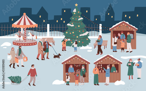 Christmas fair.  Happy crowd.Christmas market. Family, people, buying treats, having fun, shopping, drinking and eating. New year market. Celebration, holidays outdoors. Flat vector illustration.