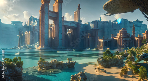 fantasy illustration of ancient Atlantis city with huge stone buildings and white walls some palm trees rocks and water with sad beach blue energy sphere in back,generative AI photo