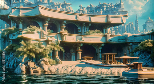 fantasy illustration of ancient city with stone buildings and palm trees and water with dock in front, generative AI