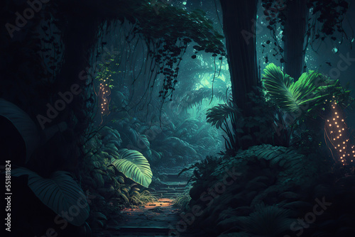 Fototapeta Naklejka Na Ścianę i Meble -  Night tropical jungle background