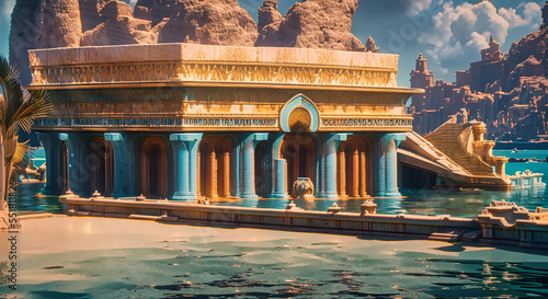 fantasy illustration of ancient egyptian golden blue stone temple building at the sand beach and rocky mountains in back, generative AI