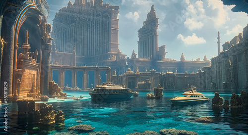 fantasy illustration of ancient Atlantis city ruins with huge stone buildings and two ships in port,generative AI © Jenar