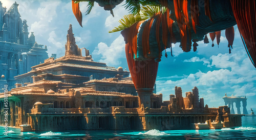 ancient Atlantis city with huge cascade stone temple buildings view from lake water side in shadow with some orange decorations hangin from above, generative AI photo