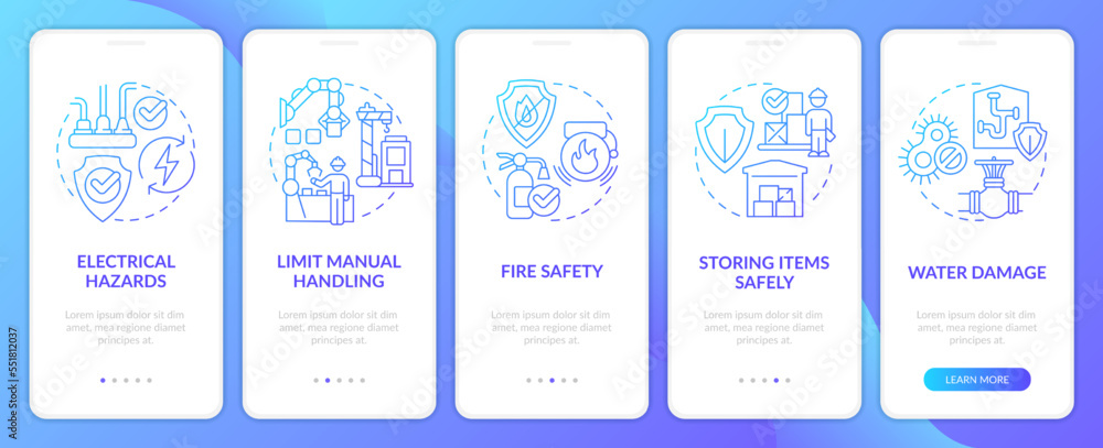 Ways to minimize workplace injuries blue gradient onboarding mobile app screen. Walkthrough 5 steps graphic instructions with linear concepts. UI, UX, GUI template. Myriad Pro-Bold, Regular fonts used Ways to minimize workplace injuries blue gradient onboarding mobile app screen. Walkthrough 5 steps graphic instructions with linear concepts. UI, UX, GUI template. Myriad Pro-Bold, Regular fonts used