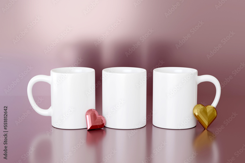 3d render 3 mug mockup full view. Pink Valentines background template for branding presentation. Mothers Day banner for advertising decorated with hearts 3d render 3 mug mockup full view. Pink Valentines background template for branding presentation. Mothers Day banner for advertising decorated with hearts