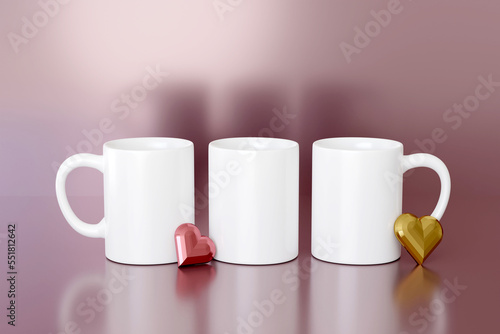 3d render 3 mug mockup full view. Pink Valentines background template for branding presentation. Mothers Day banner for advertising decorated with hearts