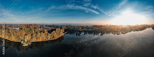 Fototapeta Naklejka Na Ścianę i Meble -  Panorama zbiornika przeciwpowodziowego jesienią, Polder Buków na Śląsku w Polsce z lotu ptaka
