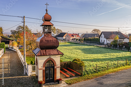 Przydrożna murowana kapliczka na wsi w Polsce w gminie Gorzyce na Śląsku jesienią photo