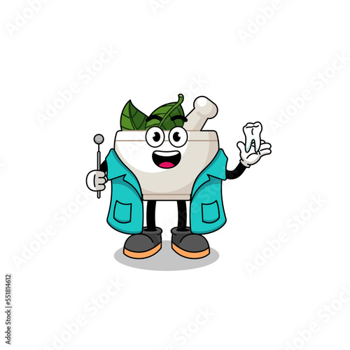 Illustration of herbal bowl mascot as a dentist