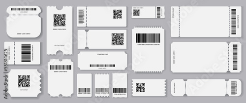 Empty tickets template. Set blank concert ticket, lottery coupons. Event coupon or cinema movie theater cards. Festival or circus paper empty flyers. Vector isolated illustration photo