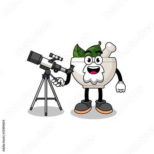 Illustration of herbal bowl mascot as an astronomer