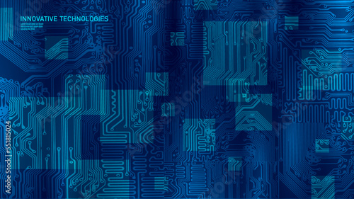 Circuit board cpu microchip abstract high hi tech electric background. Blue gradient motherboard computer technology vector illustration art