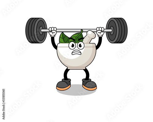 herbal bowl mascot cartoon lifting a barbell