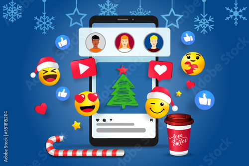 Christmas 3D Social media platform, online communication banner. New Year application template with emoticons, hearts, candy, chat on smartphone background. Vector illustration