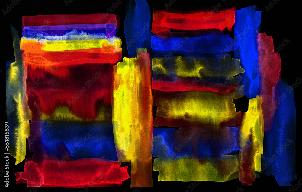 Glowing watercolor colorful stripes blend on a black background. Abstract watercolor background.