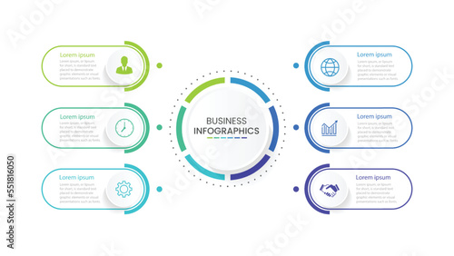 Modern infographic template. Creative circle element design with marketing icons. Business concept with 6 options, steps, sections.