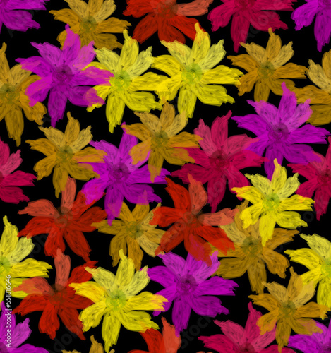 Colorful flowers in style of drawing with water color, seamless pattern on black background. Flowers in yellow, orange, red and purple. Distinctive contrast pattern suitable for dress fabrics, home