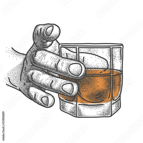 Whiskey glass in man hand. Sketch. Shot of rum, cognac, time to drink concept. Vector illustration for label, poster, invitation to party.