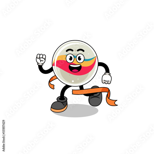 Mascot cartoon of marble toy running on finish line