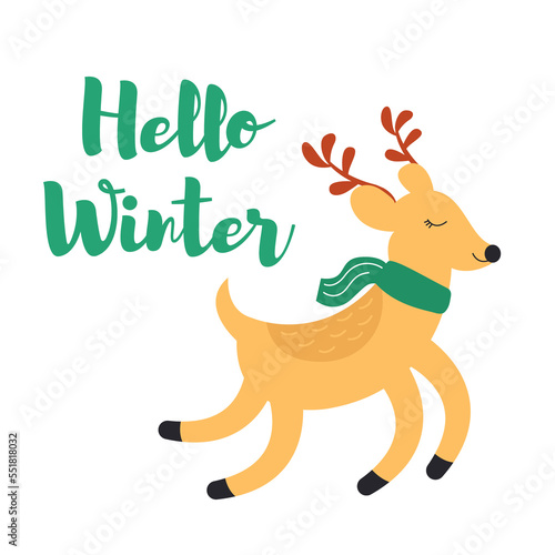 Festive handwritten lettering with cute deer. illustration isolated on white background.