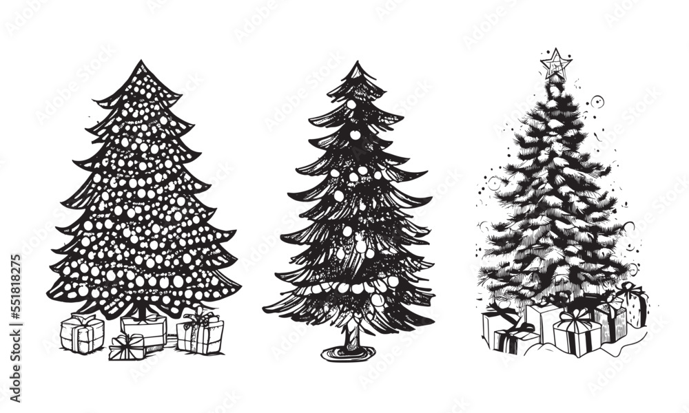 Fototapeta premium Christmas tree set, Hand drawn illustrations. 