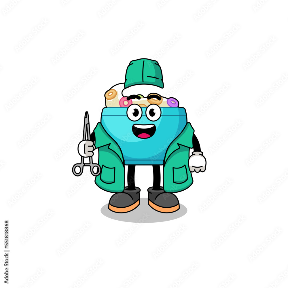 Illustration of cereal bowl mascot as a surgeon