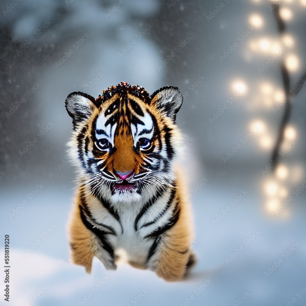 Tiger in the Snow with Bokeh Lights