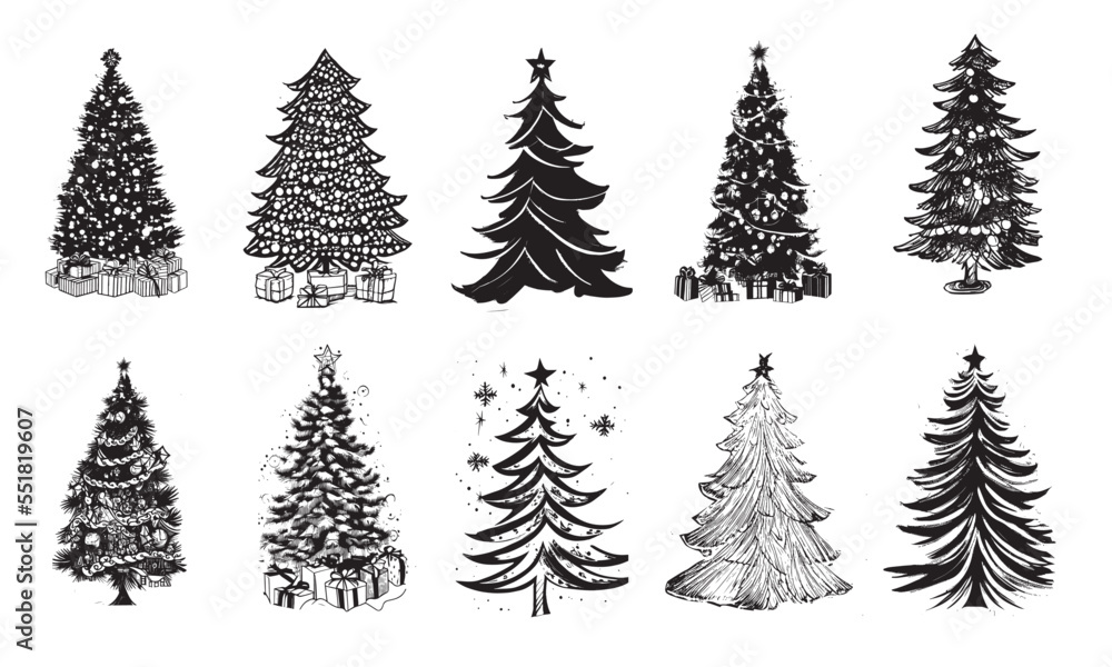 Christmas tree set, Hand drawn illustrations.
Christmas tree set, Hand drawn illustrations.