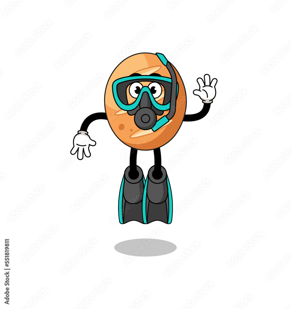 Character cartoon of french bread as a diver