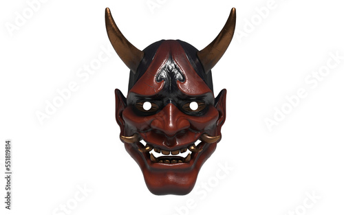 japanese red demon mask with golden horns on white background