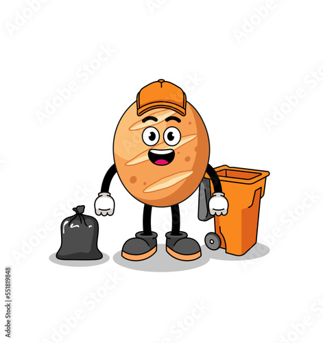 Illustration of french bread cartoon as a garbage collector