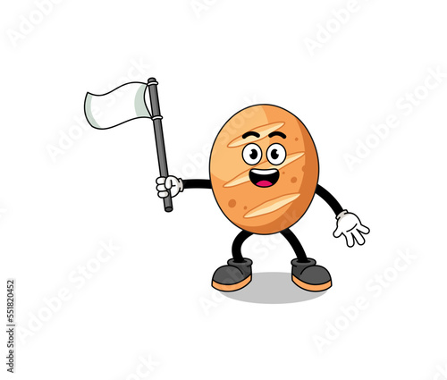 Cartoon Illustration of french bread holding a white flag
