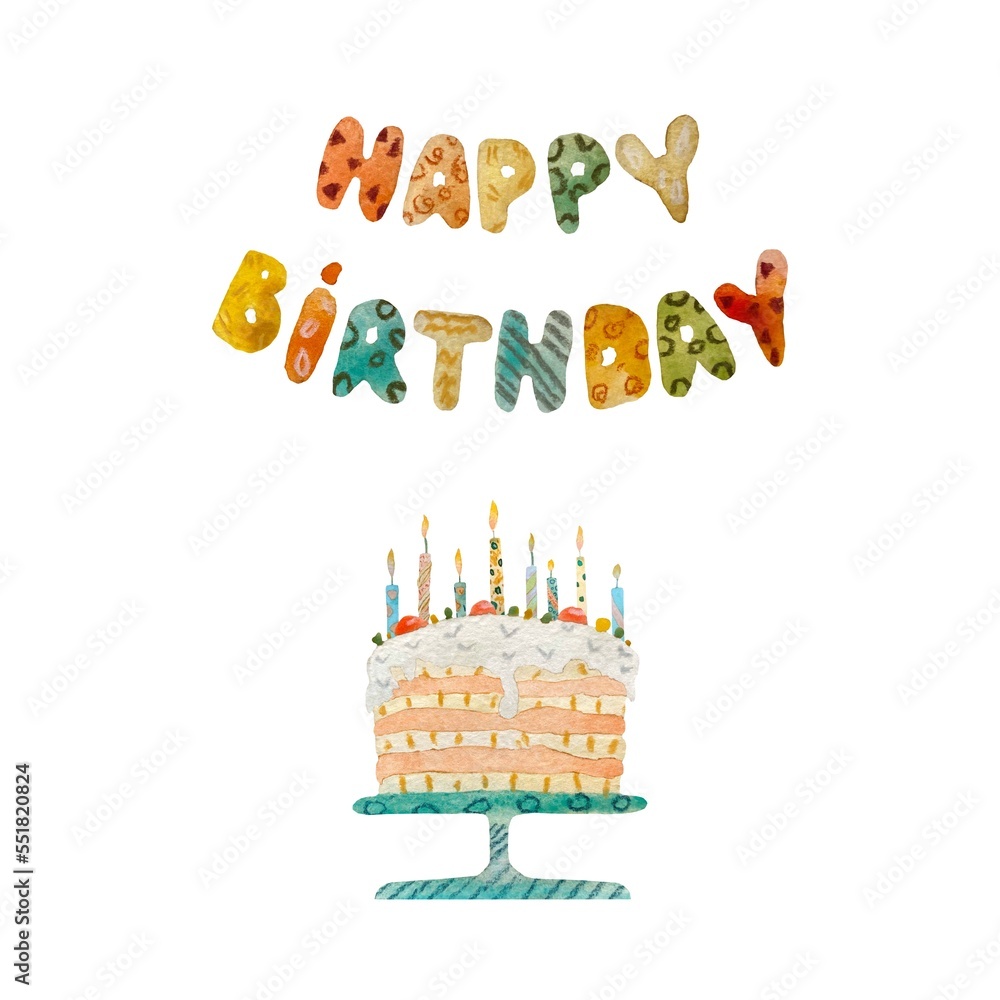 Obraz premium Cake candle happy birthday title watercolor sketch