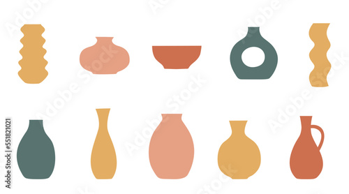Modern vase set isolated on a white background. Vector elements mid-century modern style pastel muted tones
