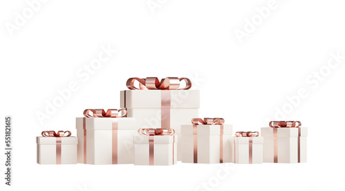 3D rendering pile of white gift boxes with pastel pink ribbon isolated on transparent background, PNG file.