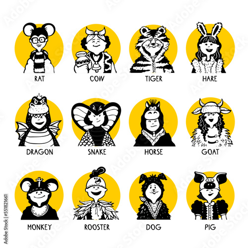 Crazy cute 12 kids in fancy dress and carnival costumes as oriental zodiac animals for chinese new year horoscope in yellow circles