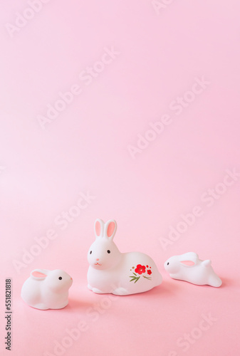 Japanese New Year's card material. zodiac rabbit. Rabbit on pink background. 日本の正月素材。干支のウサギ。ピンク背景上のウサギ。