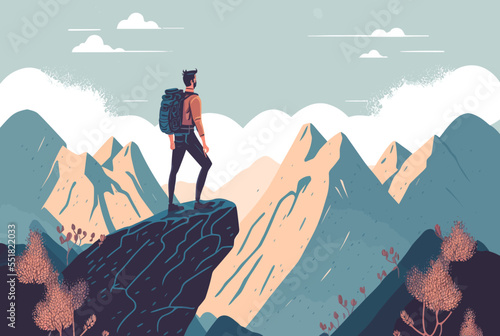 Vector illustration of a hiker standing on the edge of a cliff and gazing at the landscape