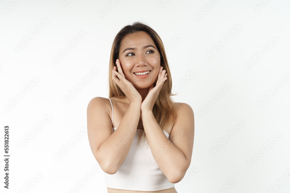 Happy pretty young asian woman smiling isolated on white background, gorgeous girl beauty and cosmetology stomatology concept Happy pretty young asian woman smiling isolated on white background, gorgeous girl beauty and cosmetology stomatology concept