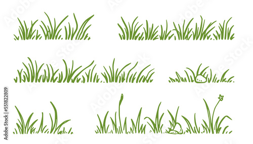 Grass doodle sketch style set. Hand drawn green grass field outline scribble background. Sprout, flower, clover elements. Vector illustration.