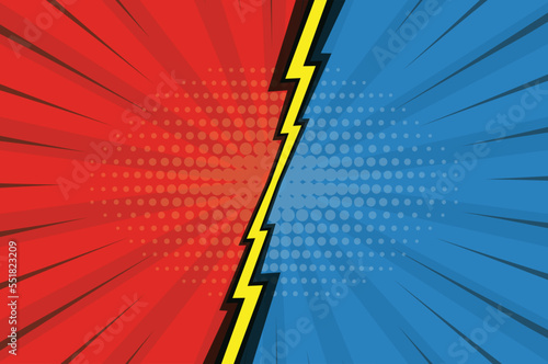 Comic book versus background. Cartoon lightning versus in retro pop art style. Blank template design. Vector illustration