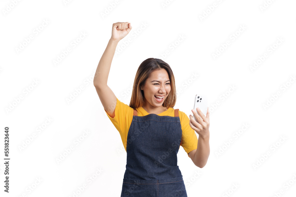 Smiling female asian people wearing apron working in a bakery coffee shop owner isolated on white background. Smiling female asian people wearing apron working in a bakery coffee shop owner isolated on white background.