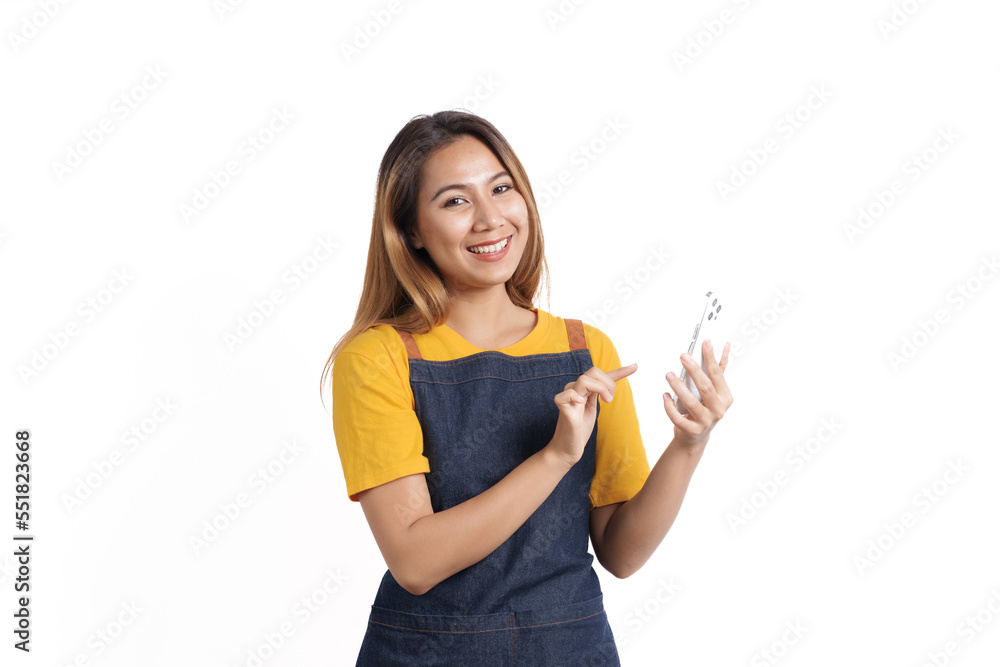 Smiling female asian people wearing apron working in a bakery coffee shop owner isolated on white background. Smiling female asian people wearing apron working in a bakery coffee shop owner isolated on white background.