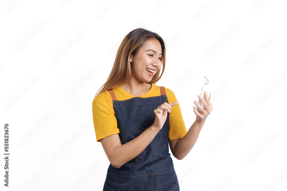 Smiling female asian people wearing apron working in a bakery coffee shop owner isolated on white background. Smiling female asian people wearing apron working in a bakery coffee shop owner isolated on white background.