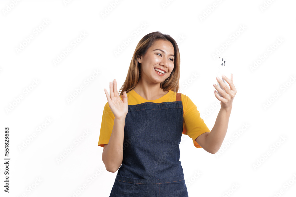 Smiling female asian people wearing apron working in a bakery coffee shop owner isolated on white background. Smiling female asian people wearing apron working in a bakery coffee shop owner isolated on white background.