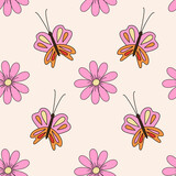 Groovy seamless pattern with butterflies and daisy flower. Hippie retro background. 70s style wallpaper with flowers