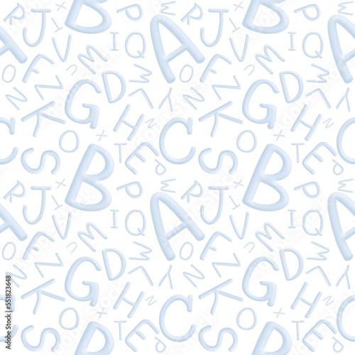 seamless pattern with watercolor blue A to Z alphabet on white background. illustration wallpaper or printing for kindergarten school.